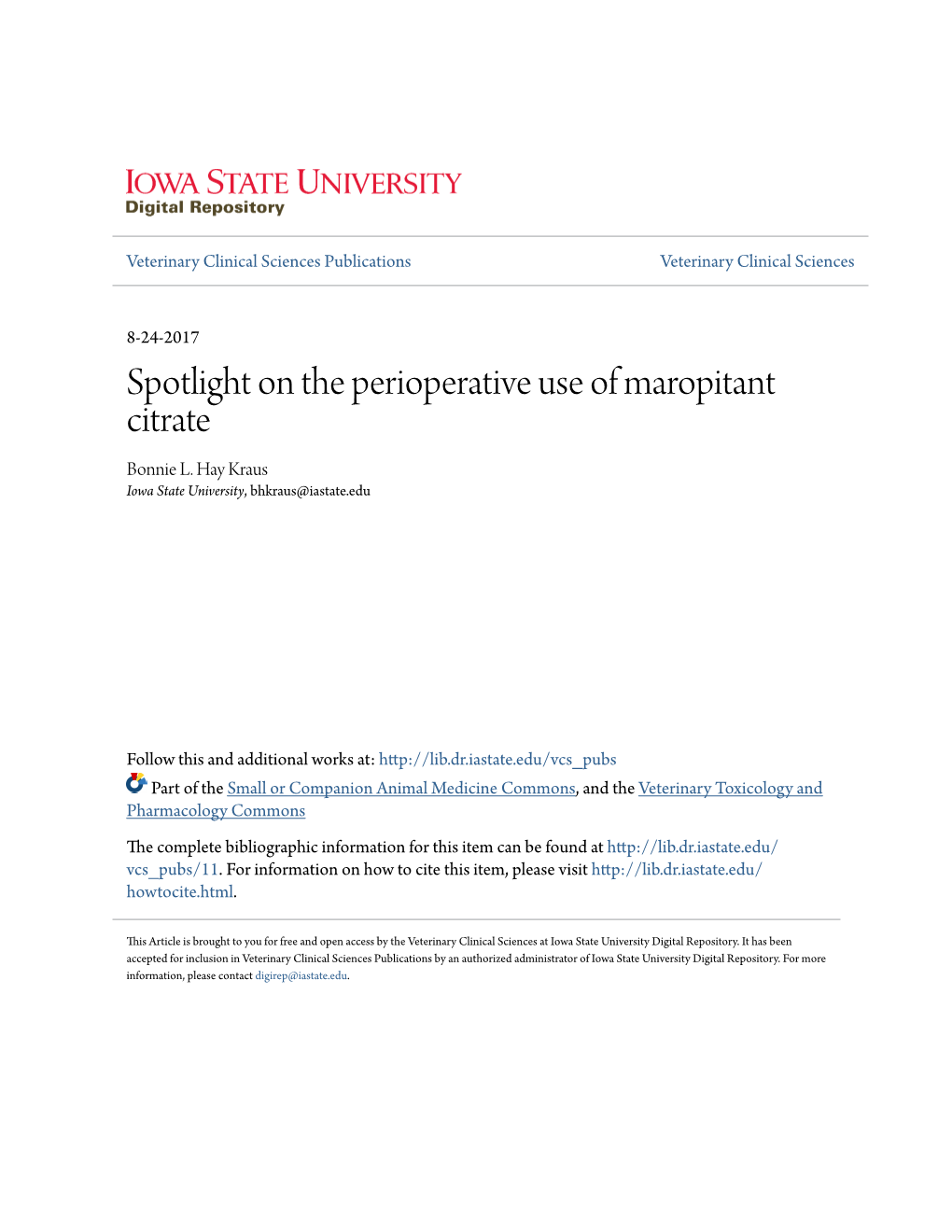 Spotlight on the Perioperative Use of Maropitant Citrate Bonnie L