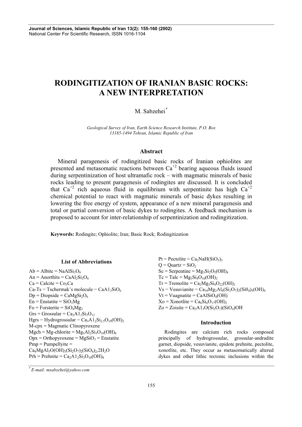Rodingitization of Iranian Basic Rocks: a New Interpretation