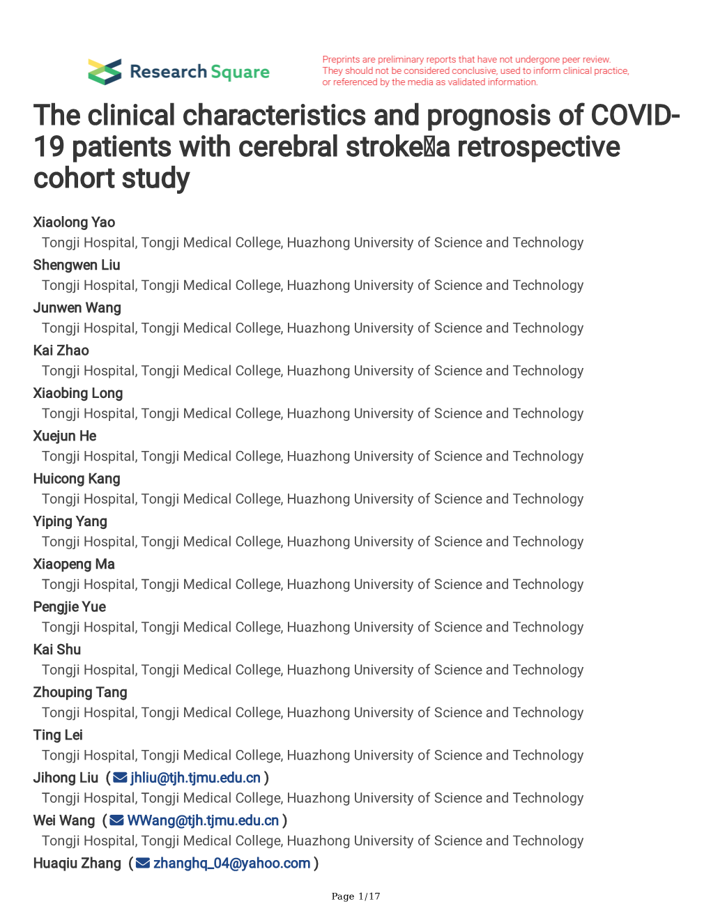 The Clinical Characteristics and Prognosis of COVID-19 Patients with Cerebral Stroke