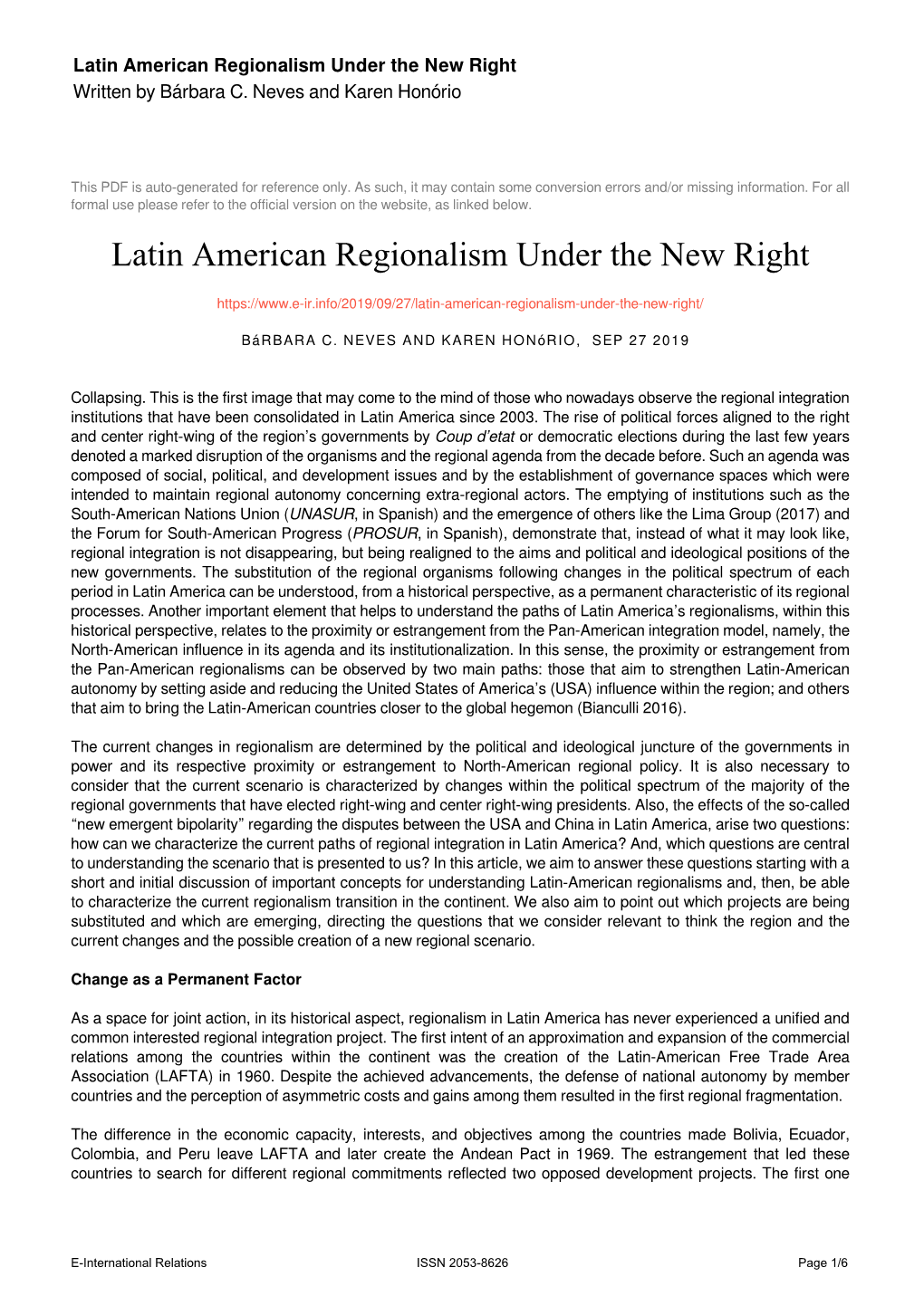 Latin American Regionalism Under the New Right Written by Bárbara C