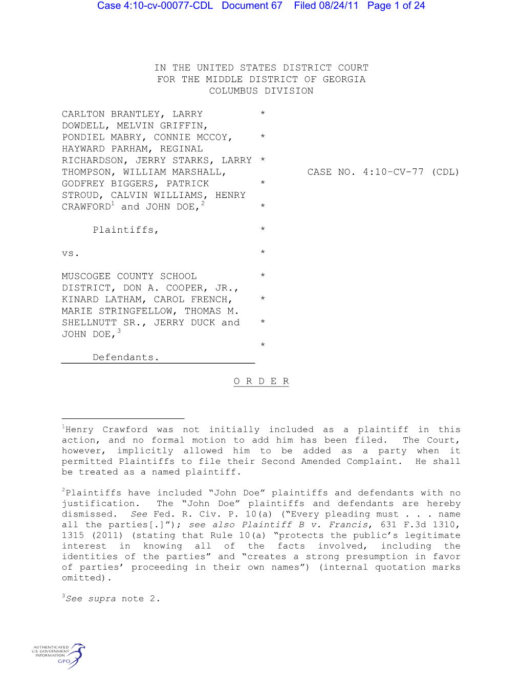 Case 4:10-Cv-00077-CDL Document 67 Filed 08/24/11 Page 1 of 24