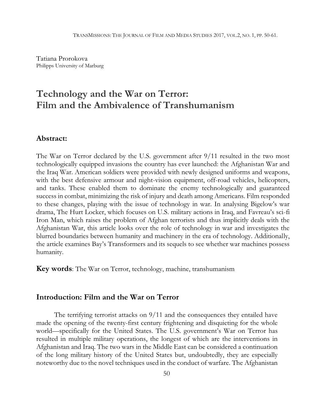 Technology and the War on Terror: Film and the Ambivalence of Transhumanism