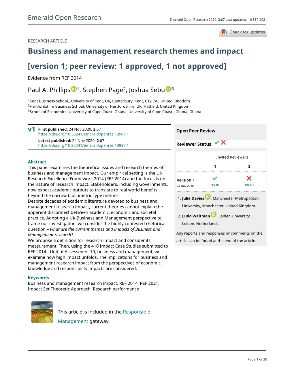Business and Management Research Themes and Impact [Version 1; Peer Review: 1 Approved, 1 Not Approved]