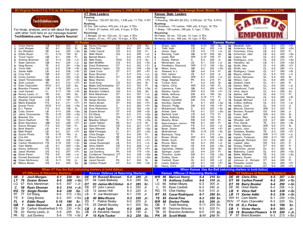 Vs. #8 Kansas (11-1, 7-1) January 3, 2008, 8:00 (FOX) the Orange Bowl, Miami, FL Dolphin Stadium