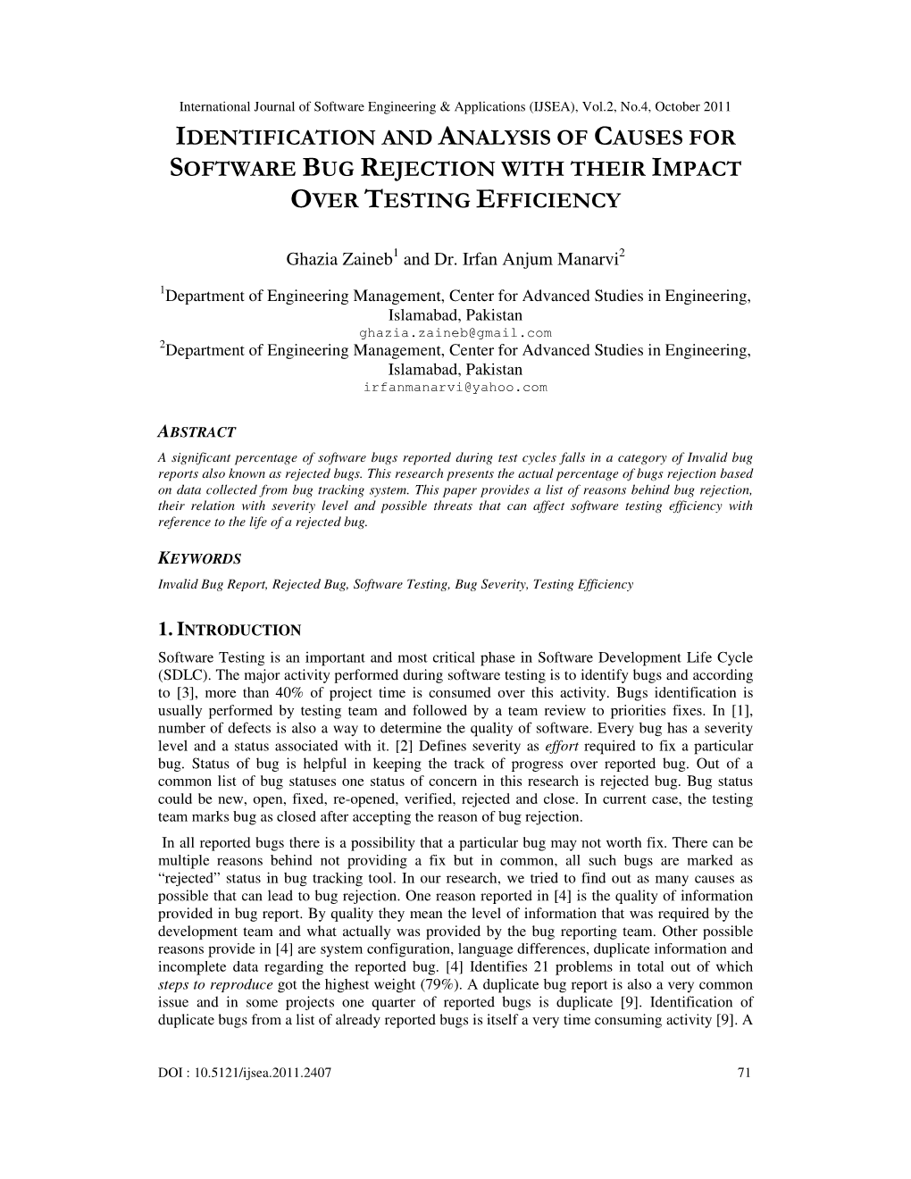 Identification and Analysis of Causes for Software Bug Rejection with Their Impact Over Testing Efficiency