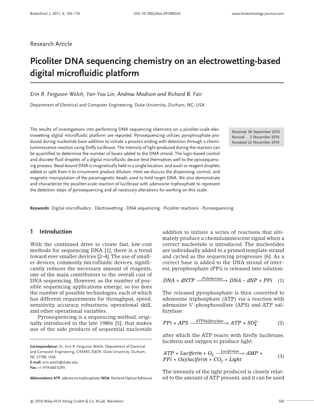 Picoliter DNA Sequencing Chemistry on an Electrowettingbased Digital