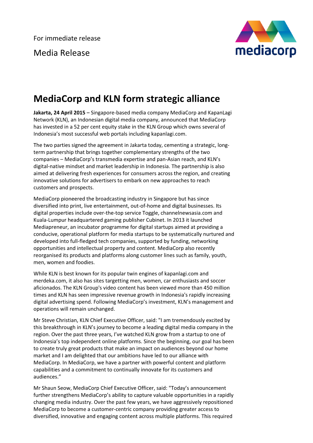 Mediacorp and KLN Form Strategic Alliance