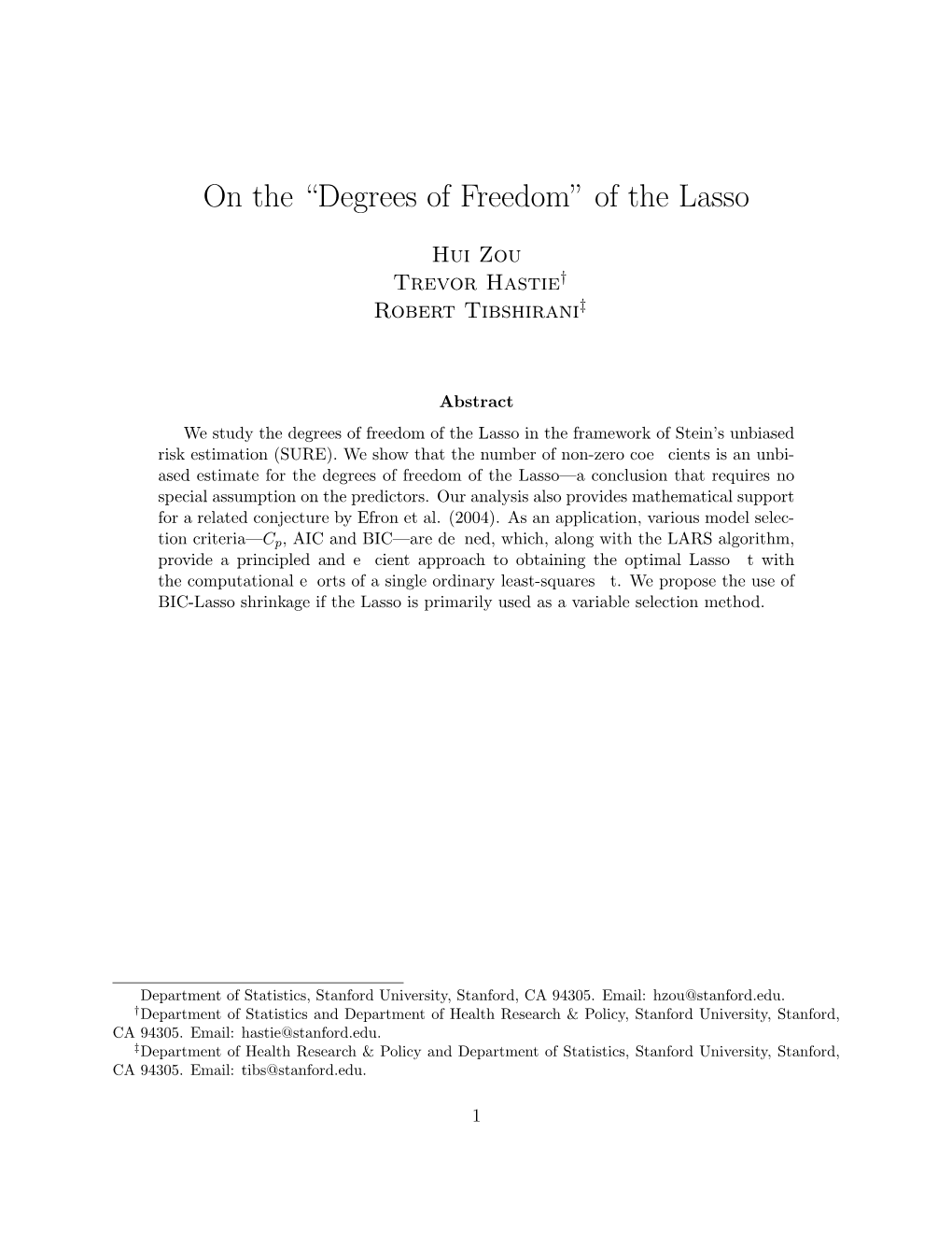 On the “Degrees of Freedom” of the Lasso