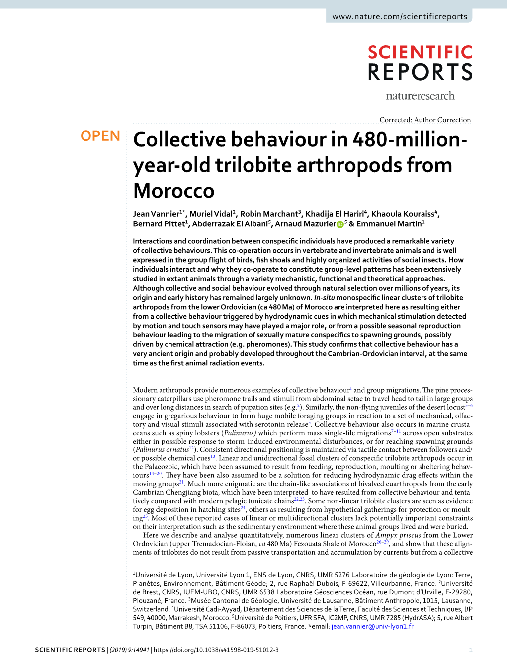 Collective Behaviour in 480-Million- Year-Old Trilobite Arthropods from Morocco