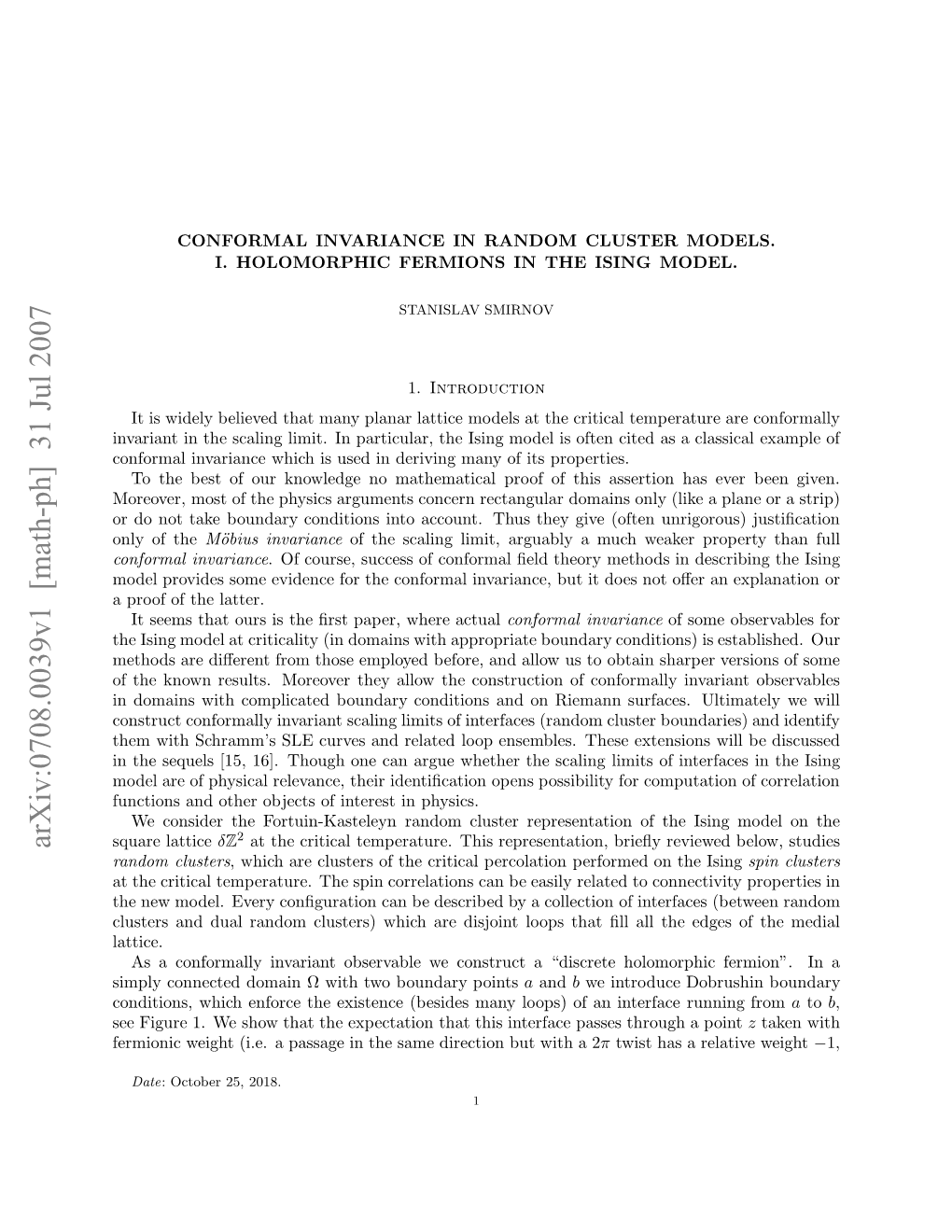 Conformal Invariance in Random Cluster Models. I. Holomorphic Fermions in the Ising Model