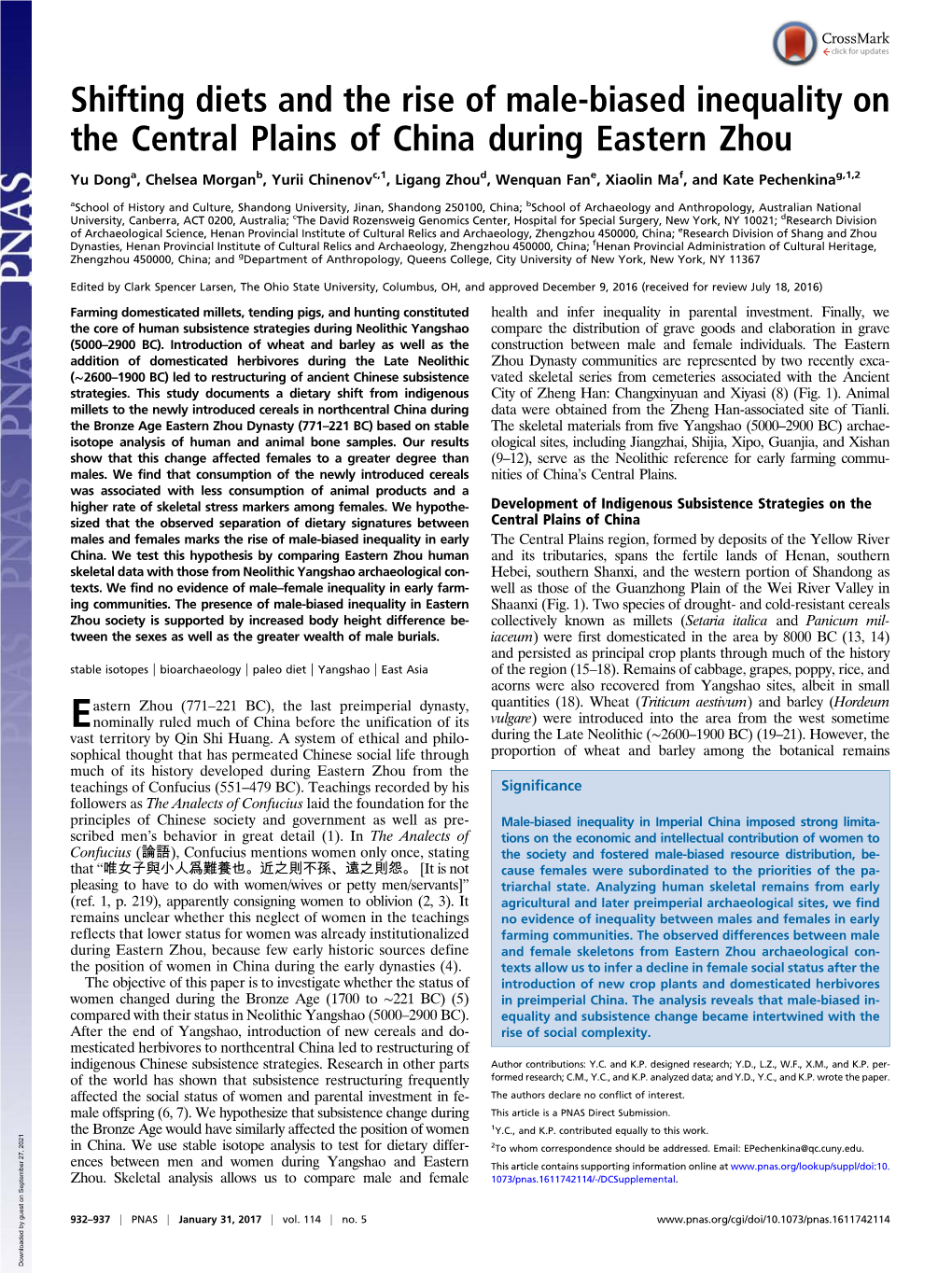 Shifting Diets and the Rise of Male-Biased Inequality on the Central Plains of China During Eastern Zhou