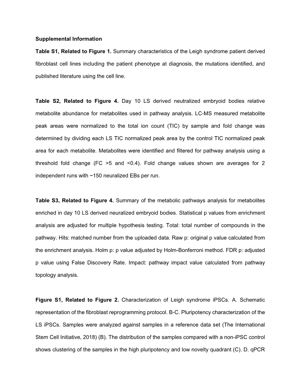 Supplemental Information Table S1, Related to Figure 1. Summary Characteristics of the Leigh Syndrome Patient Derived Fibroblast