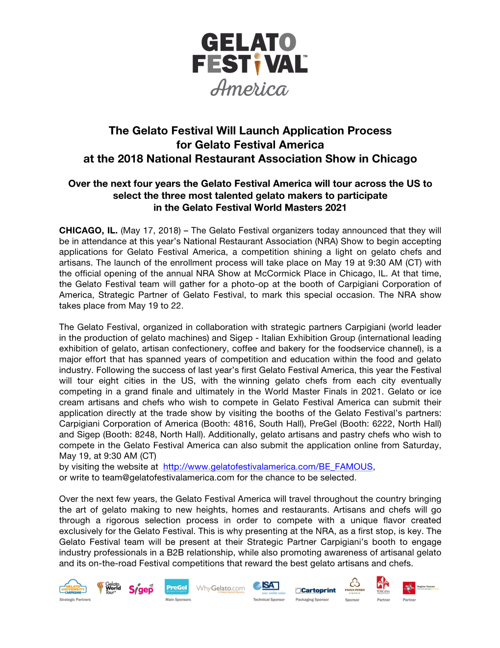 The Gelato Festival Will Launch Application Process for Gelato Festival America at the 2018 National Restaurant Association Show in Chicago