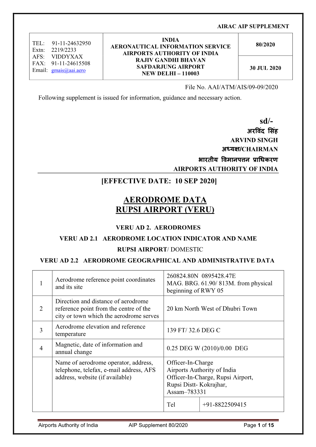 Aerodrome Data Rupsi Airport (Veru)