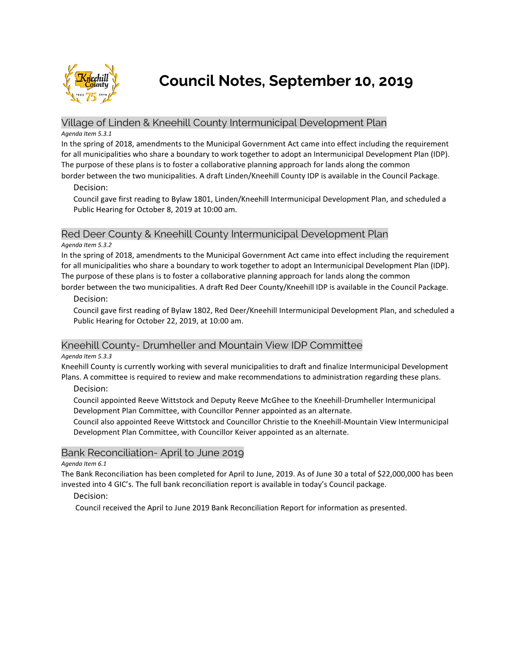 Council Notes, September 10, 2019