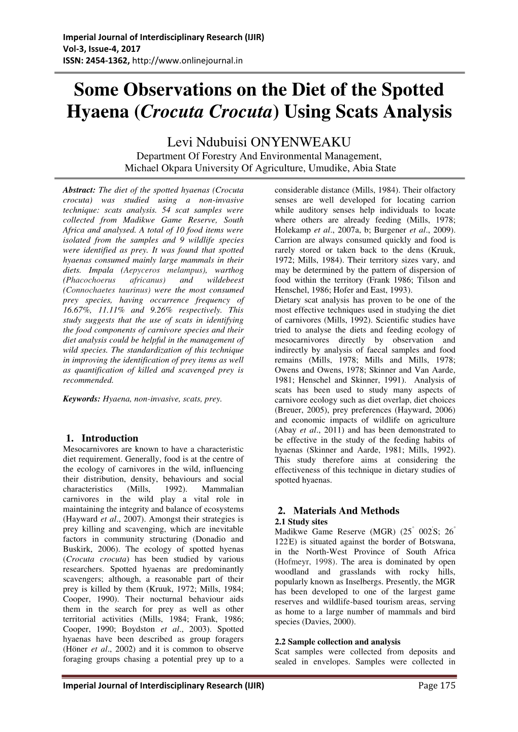 Some Observations on the Diet of the Spotted Hyaena (Crocuta Crocuta) Using Scats Analysis