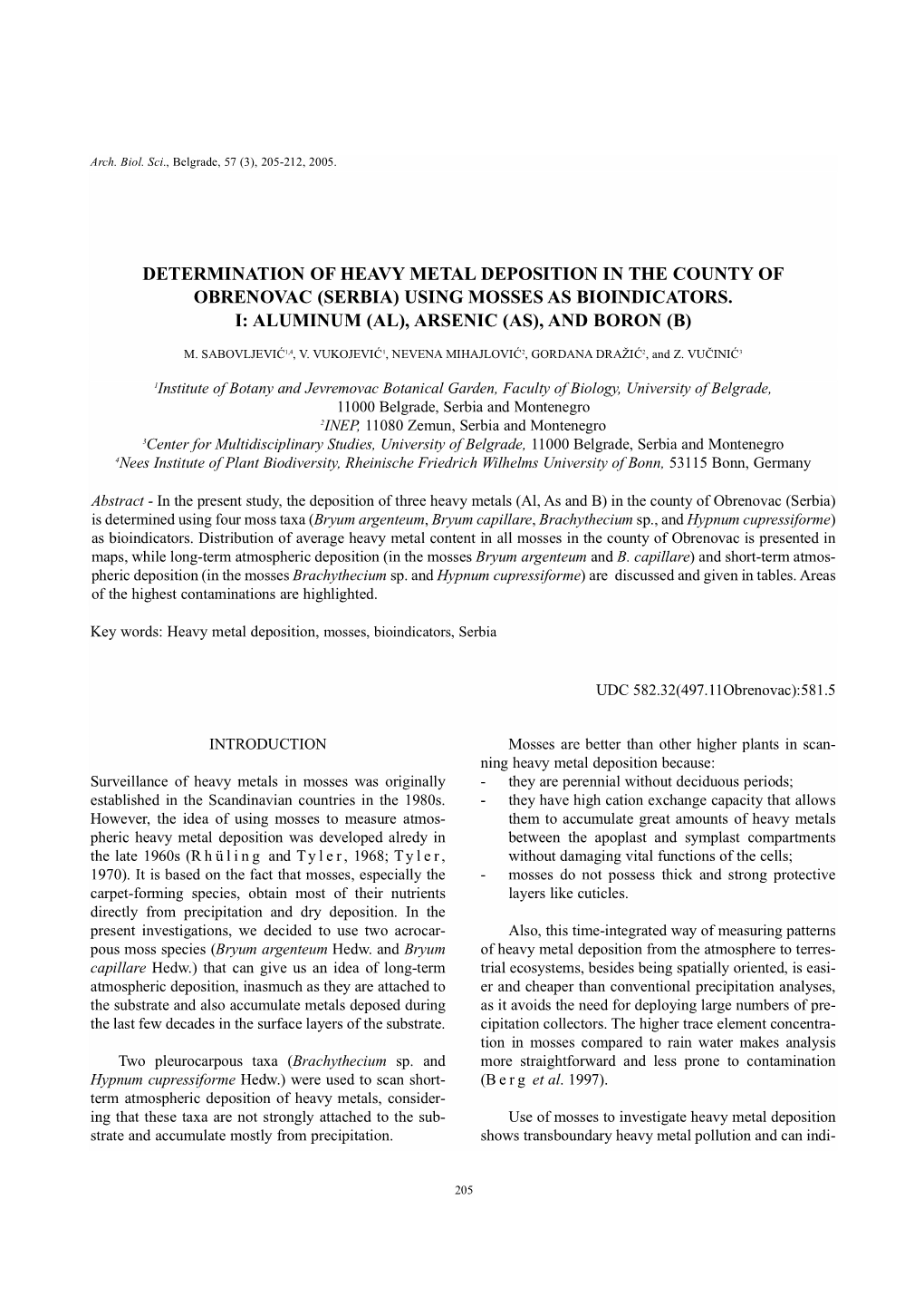 Determination of Heavy Metal Deposition in the County of Obrenovac (Serbia) Using Mosses As Bioindicators. I: Aluminum (Al), Arsenic (As), and Boron (B)