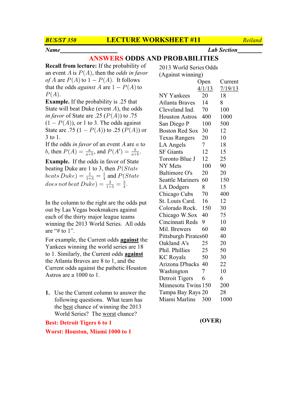 Worksheet 11 Odds and Probability (Baseball)