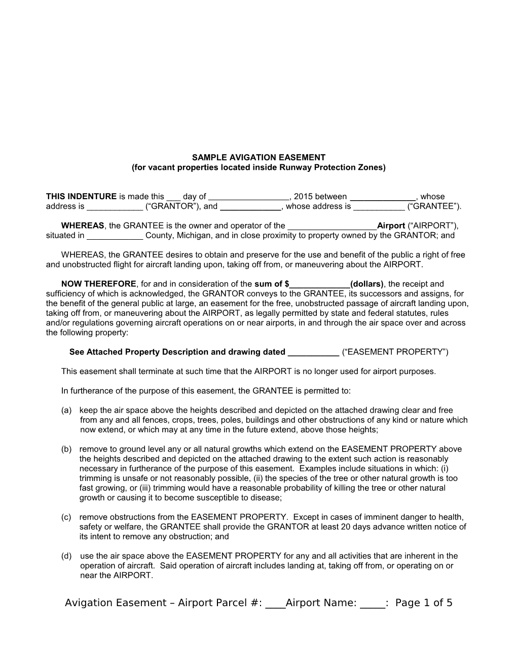 SAMPLE AVIGATION EASEMENT (For Vacant Properties Located Inside Runway Protection Zones)