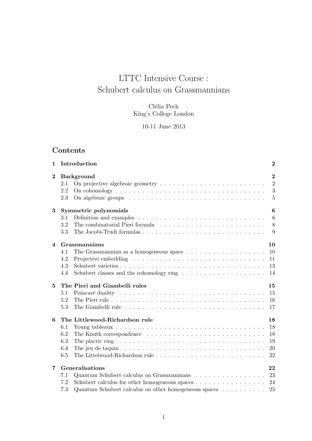 LTTC Intensive Course : Schubert Calculus on Grassmannians