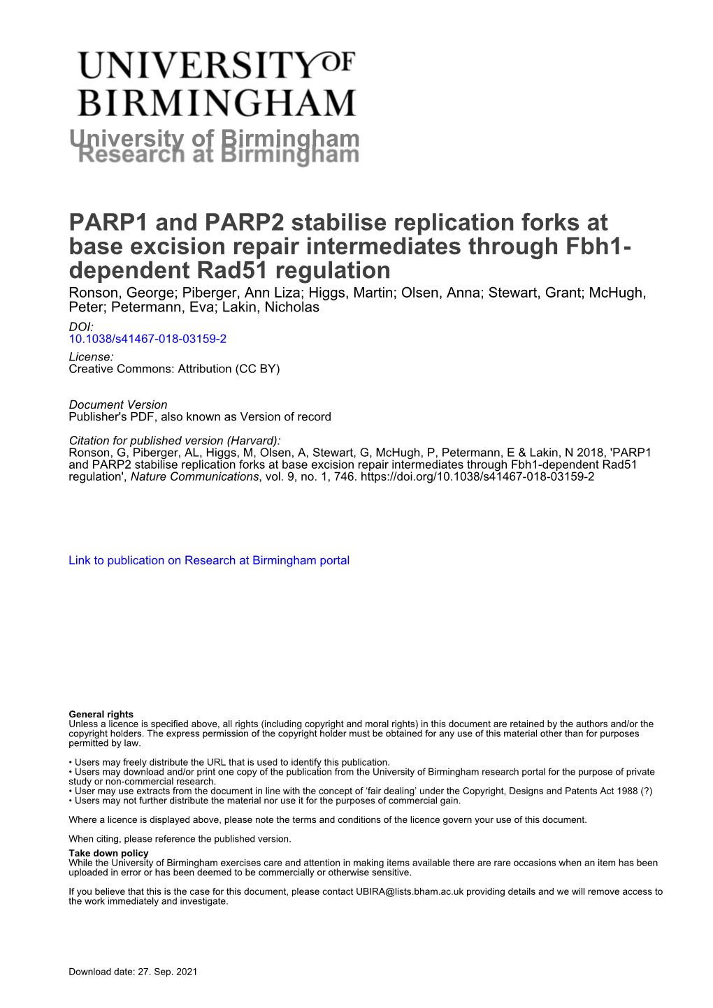 PARP1 and PARP2 Stabilise Replication Forks at Base Excision Repair Intermediates Through Fbh1-Dependent Rad51 Regulation', Nature Communications, Vol