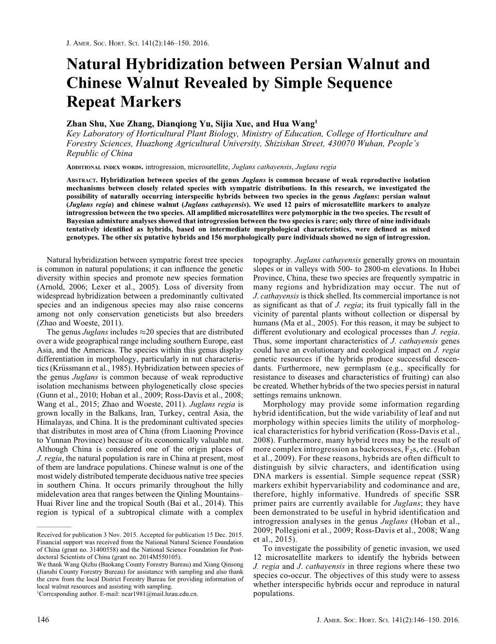 Natural Hybridization Between Persian Walnut and Chinese Walnut Revealed by Simple Sequence Repeat Markers