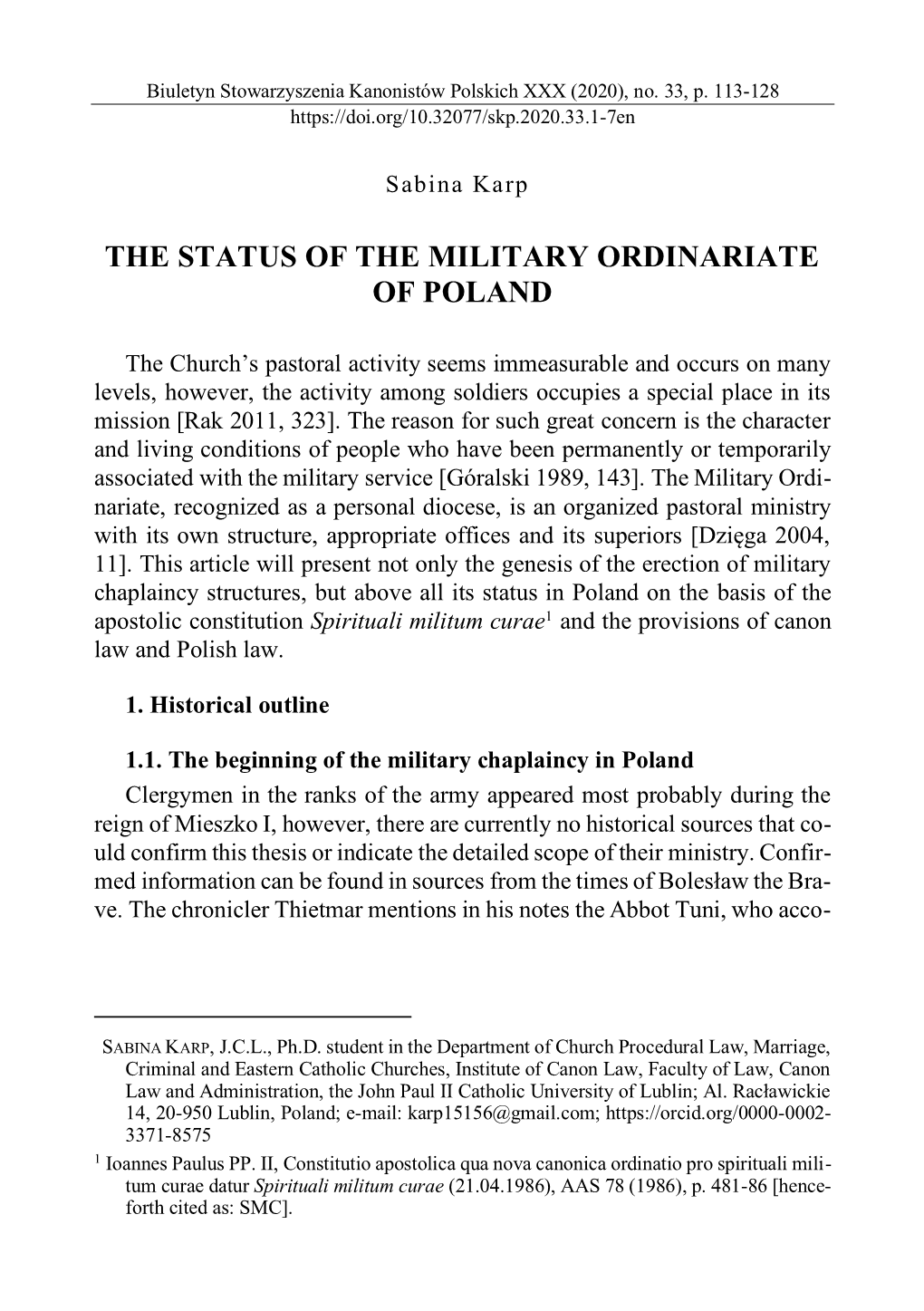 The Status of the Military Ordinariate of Poland