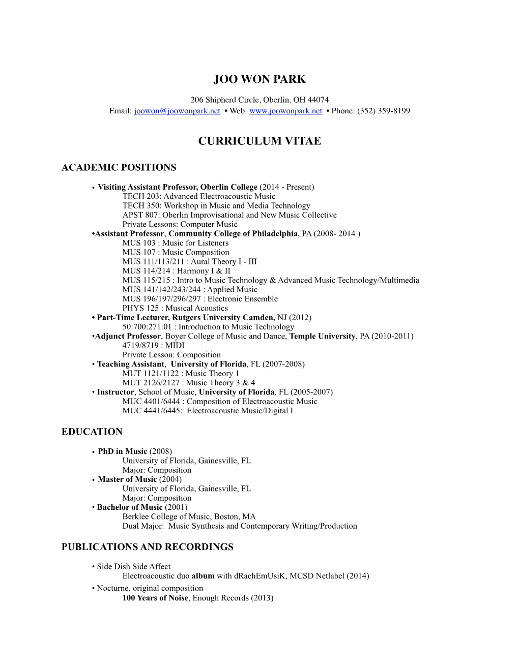 Joo Won Park Curriculum Vitae