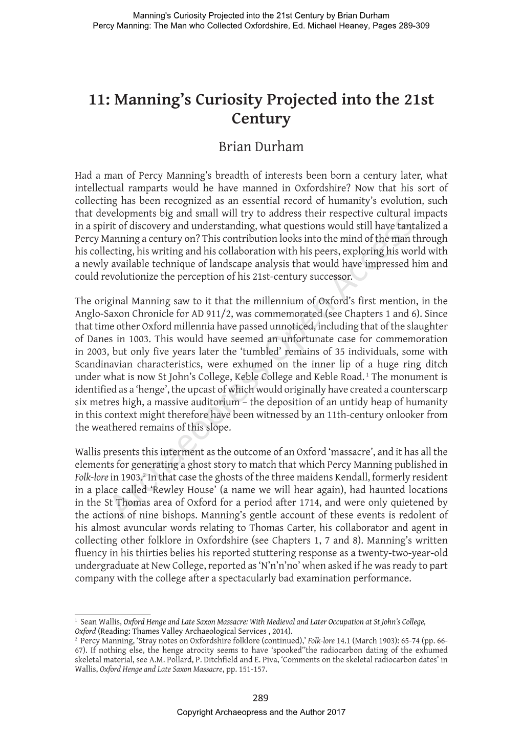 Manning's Curiosity Projected Into the 21St Century by Brian Durham Percy Manning: the Man Who Collected Oxfordshire, Ed