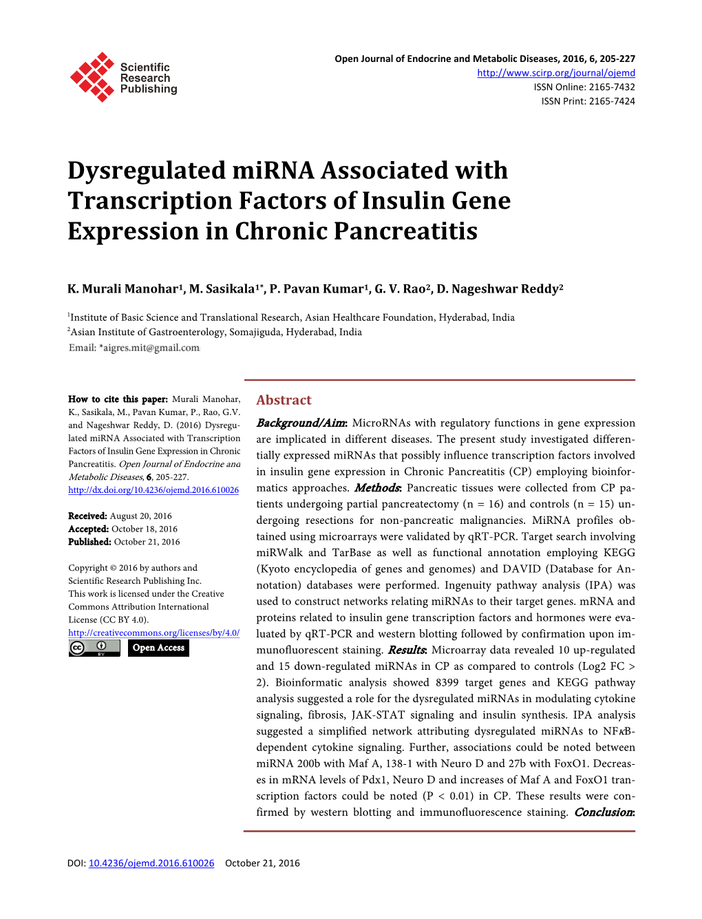 Dysregulated Mirna Associated with Transcription Factors of Insulin Gene Expression in Chronic Pancreatitis