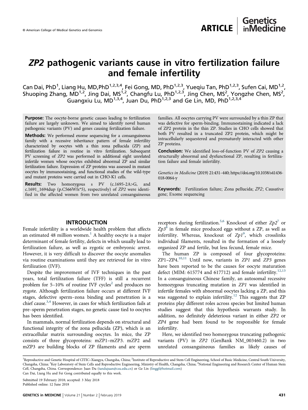 ZP2 Pathogenic Variants Cause in Vitro Fertilization Failure and Female Infertility