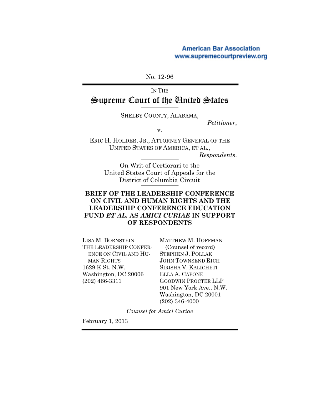 12-96 Brief for the Leadership Conference on Civil and Human Rights and the Leadership Conference Education Fund Et Al. in Suppo