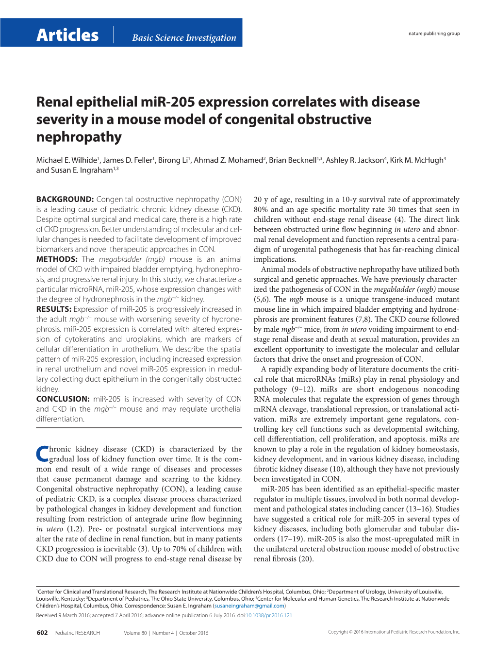 Renal Epithelial Mir-205 Expression Correlates with Disease Severity in a Mouse Model of Congenital Obstructive Nephropathy