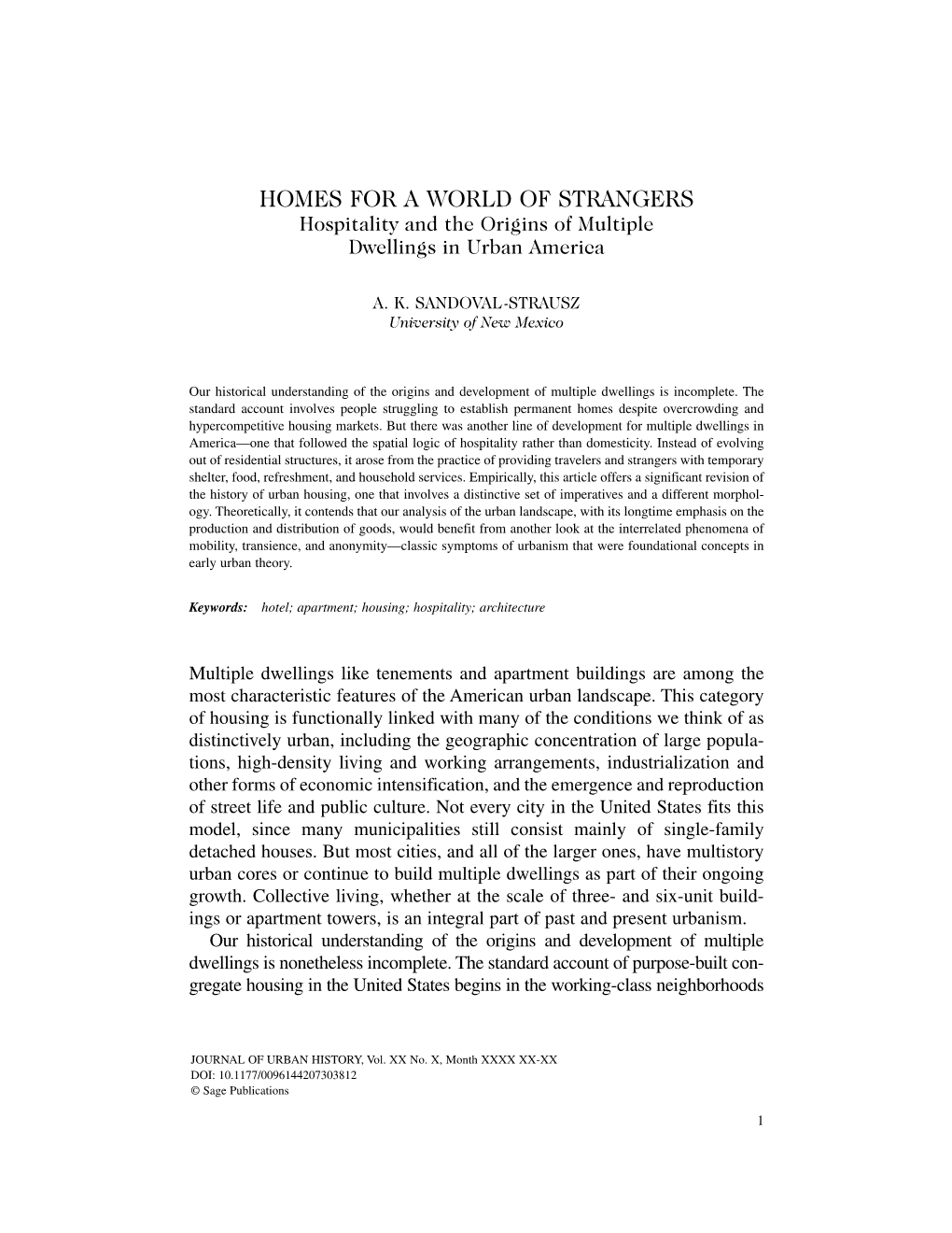 A.K. Sandoval-Strausz, "Homes for a World of Strangers: Hospitality And