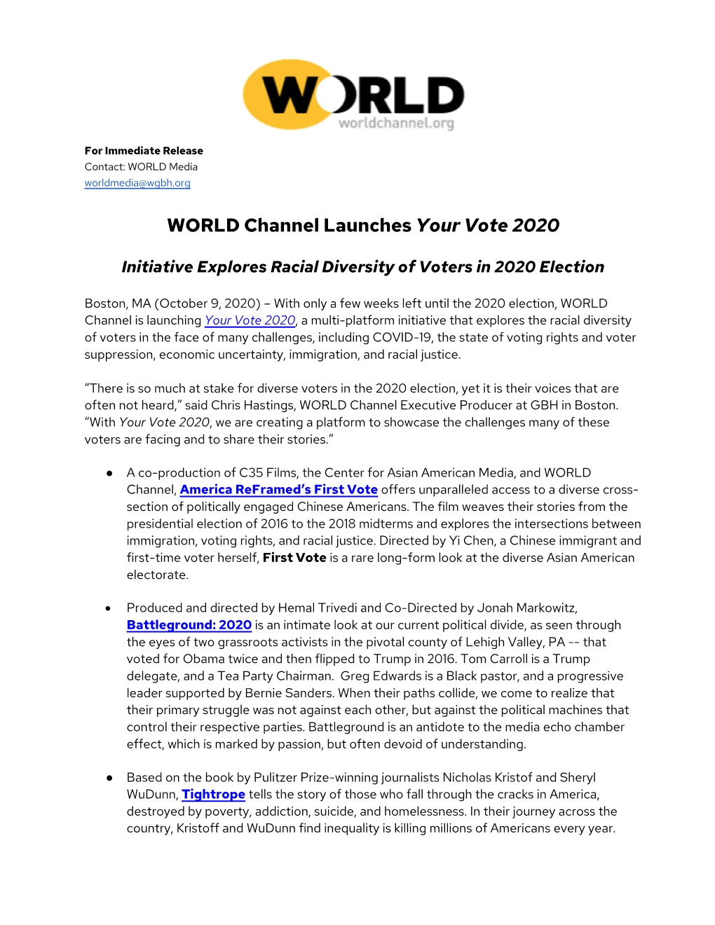 WORLD Channel Launches Your Vote 2020