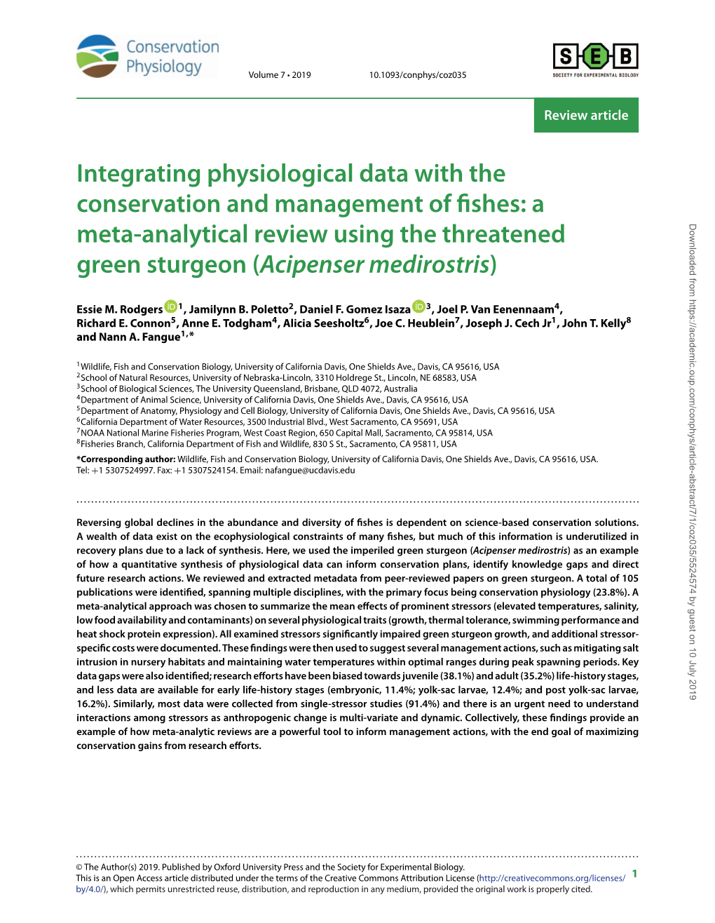 A Meta-Analytical Review Using the Threatened Green Sturgeon (Acipenser Medirostris)