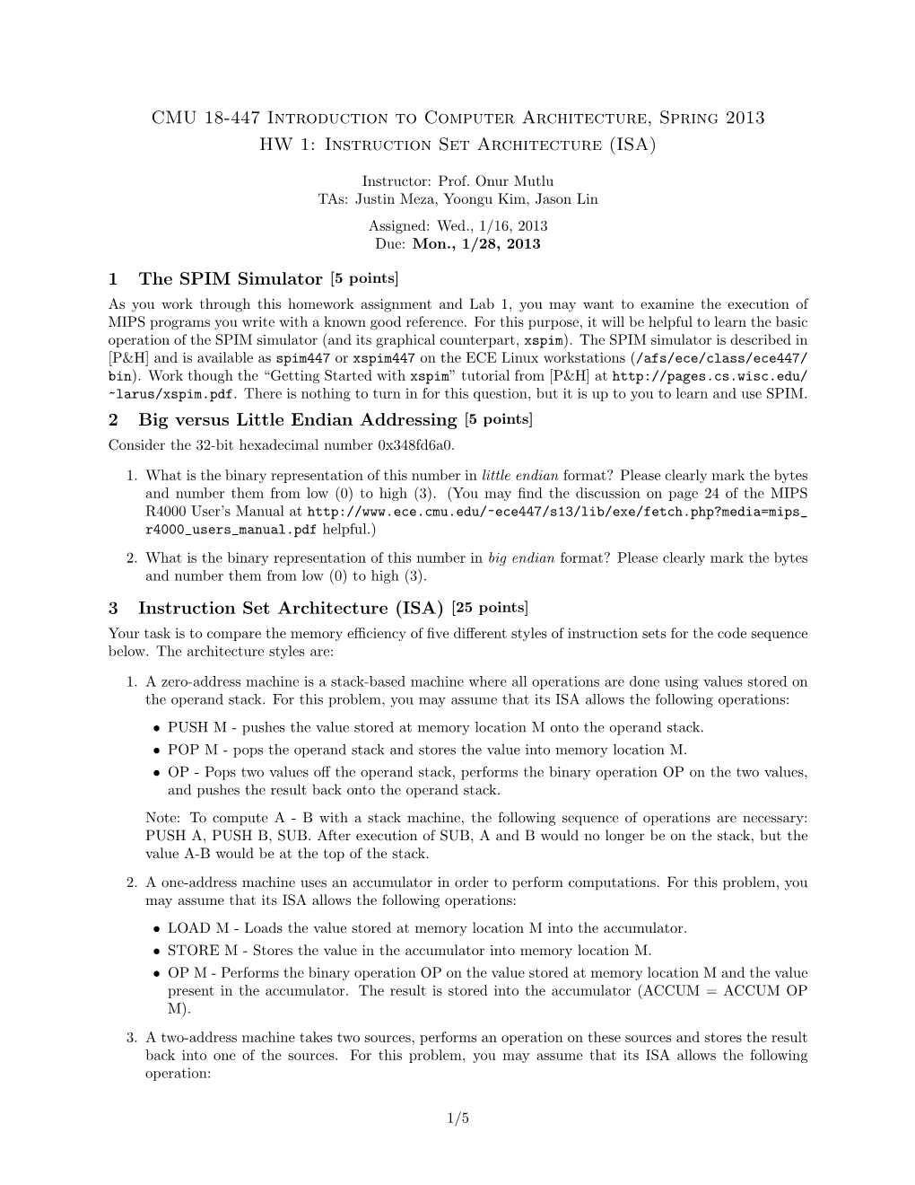 Instruction Set Architecture (ISA) 1 the SPIM Simulator [5 P