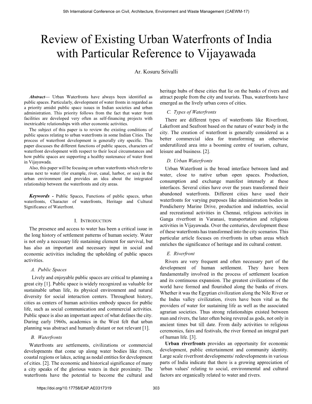 Review of Existing Urban Waterfronts of India with Particular Reference to Vijayawada