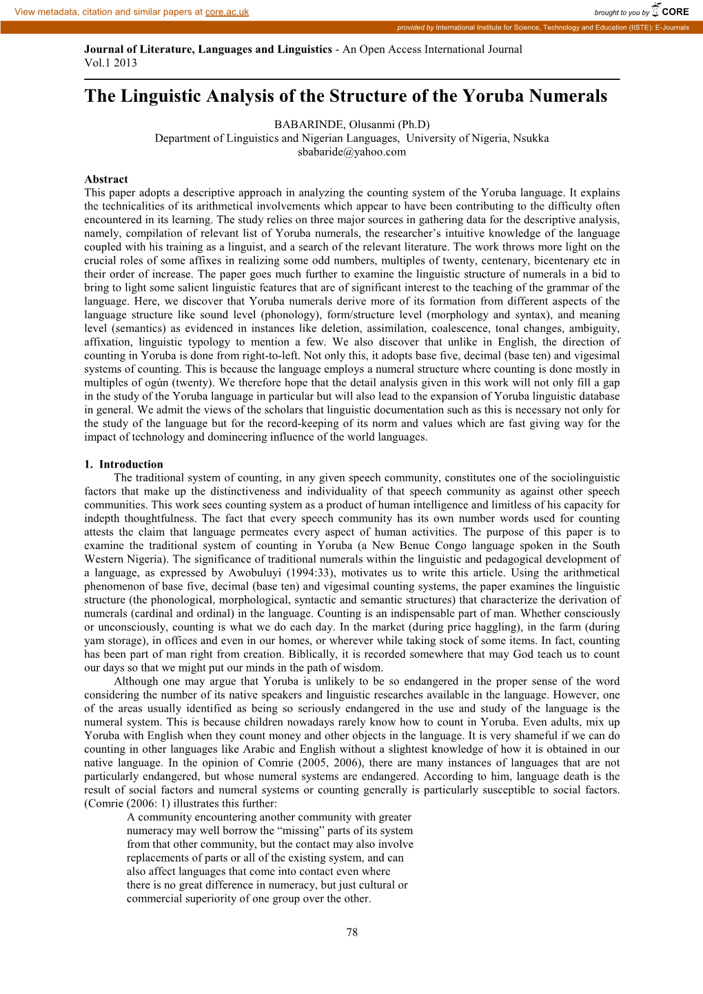 The Linguistic Analysis of the Structure of the Yoruba Numerals