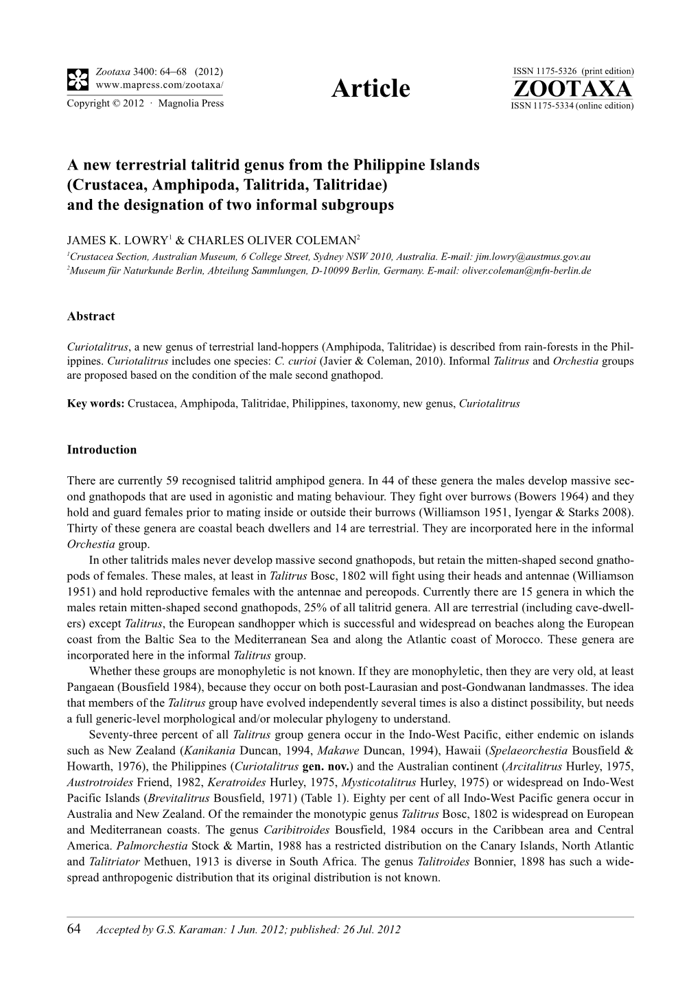 A New Terrestrial Talitrid Genus from the Philippine Islands (Crustacea, Amphipoda, Talitrida, Talitridae) and the Designation of Two Informal Subgroups