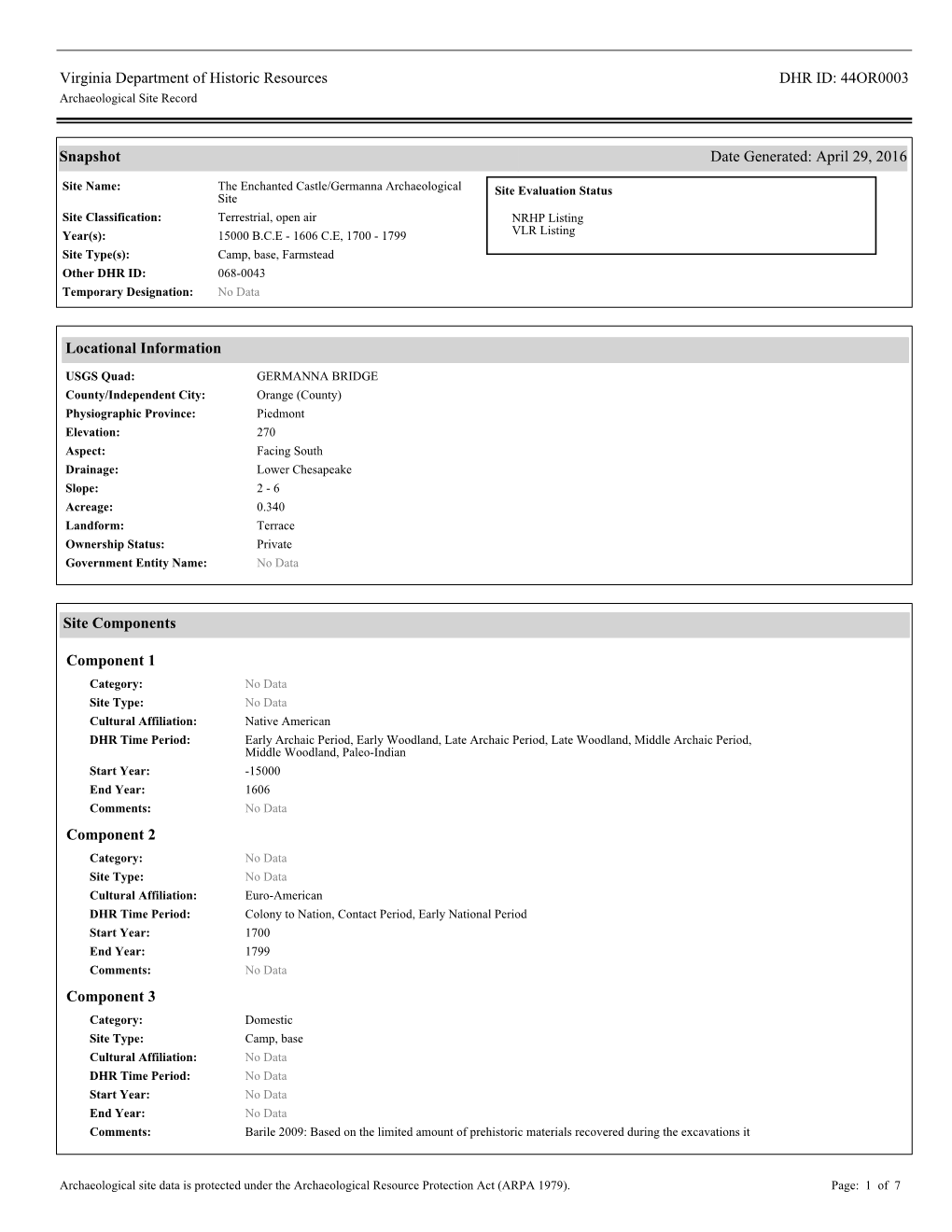 Virginia Department of Historic Resources DHR ID: 44OR0003 Archaeological Site Record