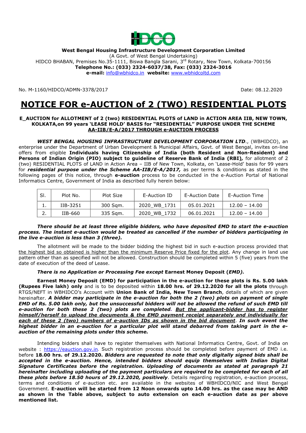 E AUCTION for ALLOTMENT of 2 (Two) RESIDENTIAL PLOTS of LAND in ACTION AREA IIB, NEW TOWN