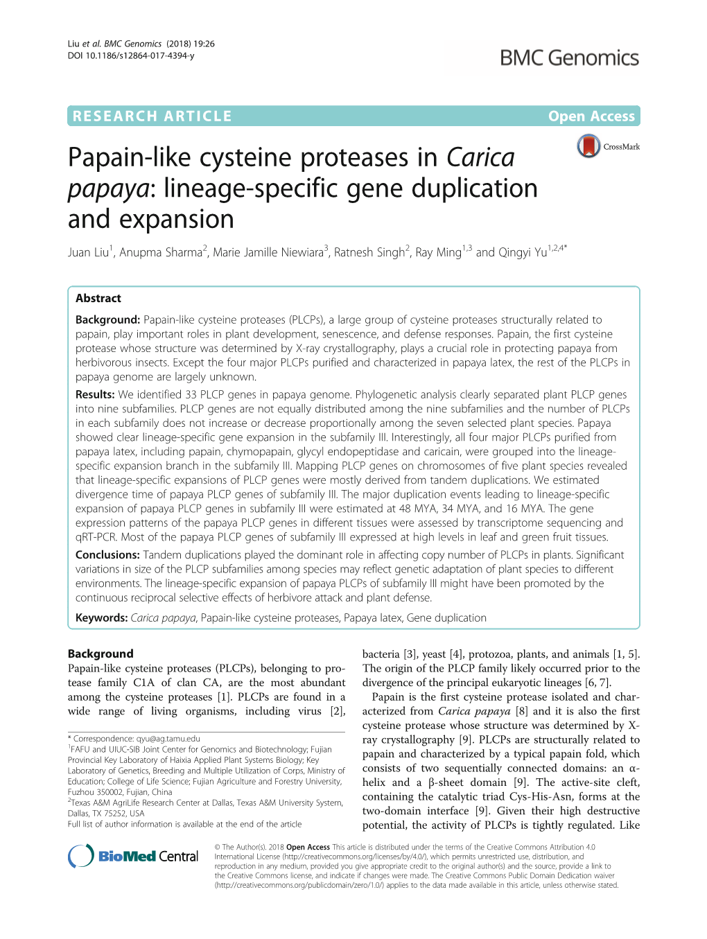 Papain-Like Cysteine Proteases in Carica Papaya: Lineage-Specific Gene Duplication and Expansion