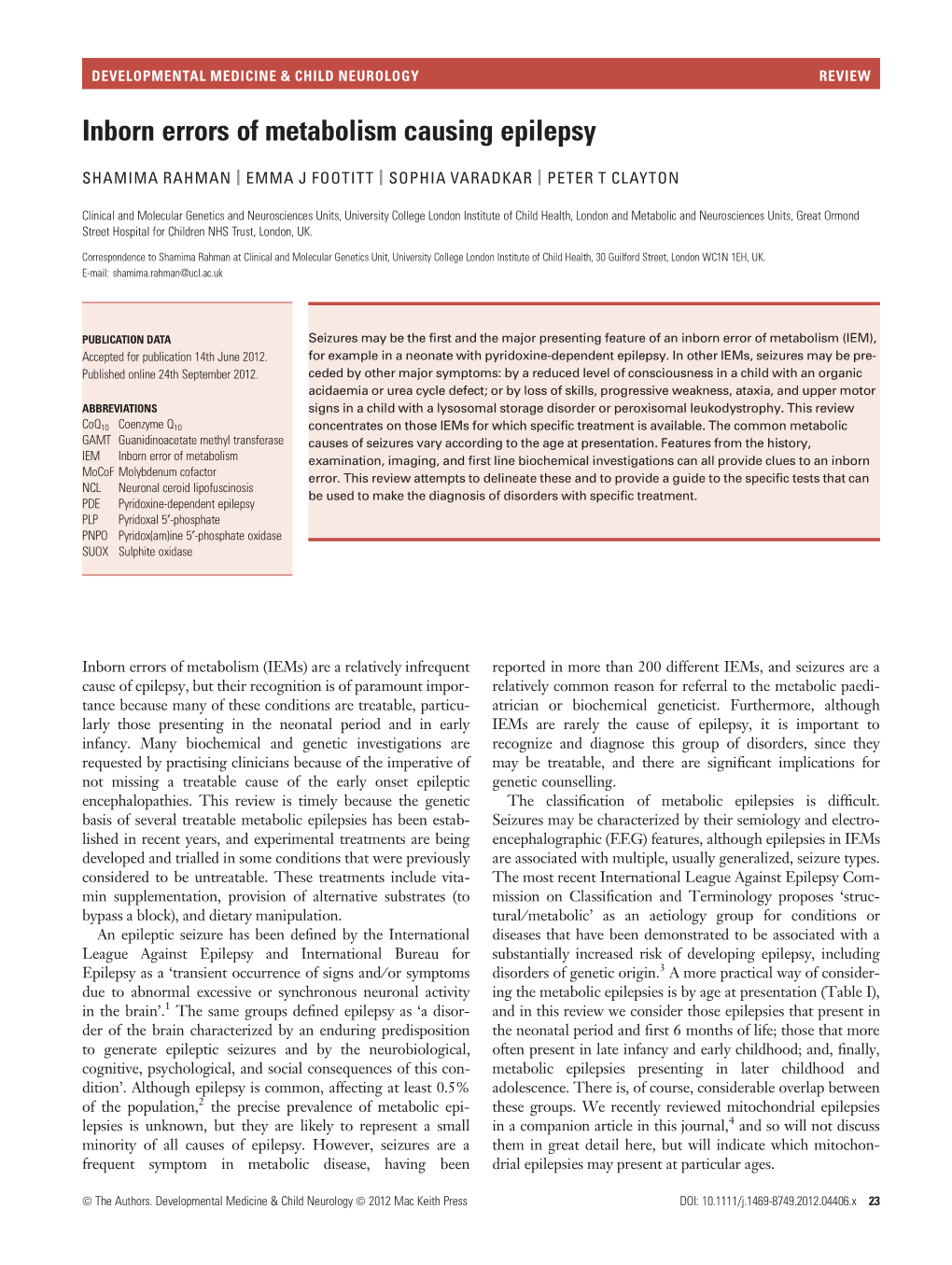 Inborn Errors of Metabolism Causing Epilepsy