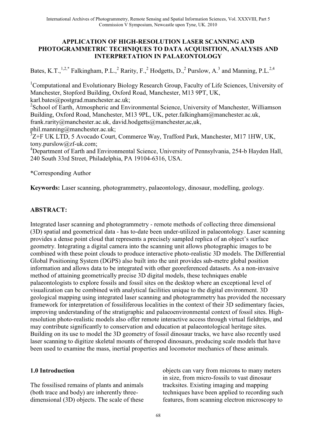 Application of High-Resolution Laser Scanning and Photogrammetric Techniques to Data Acquisition, Analysis and Interpretation in Palaeontology