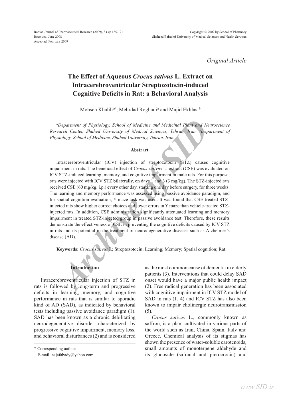 The Effect of Aqueous Crocus Sativus L. Extract on Intracerebroventricular Streptozotocin-Induced Cognitive Deficits in Rat: a Behavioral Analysis