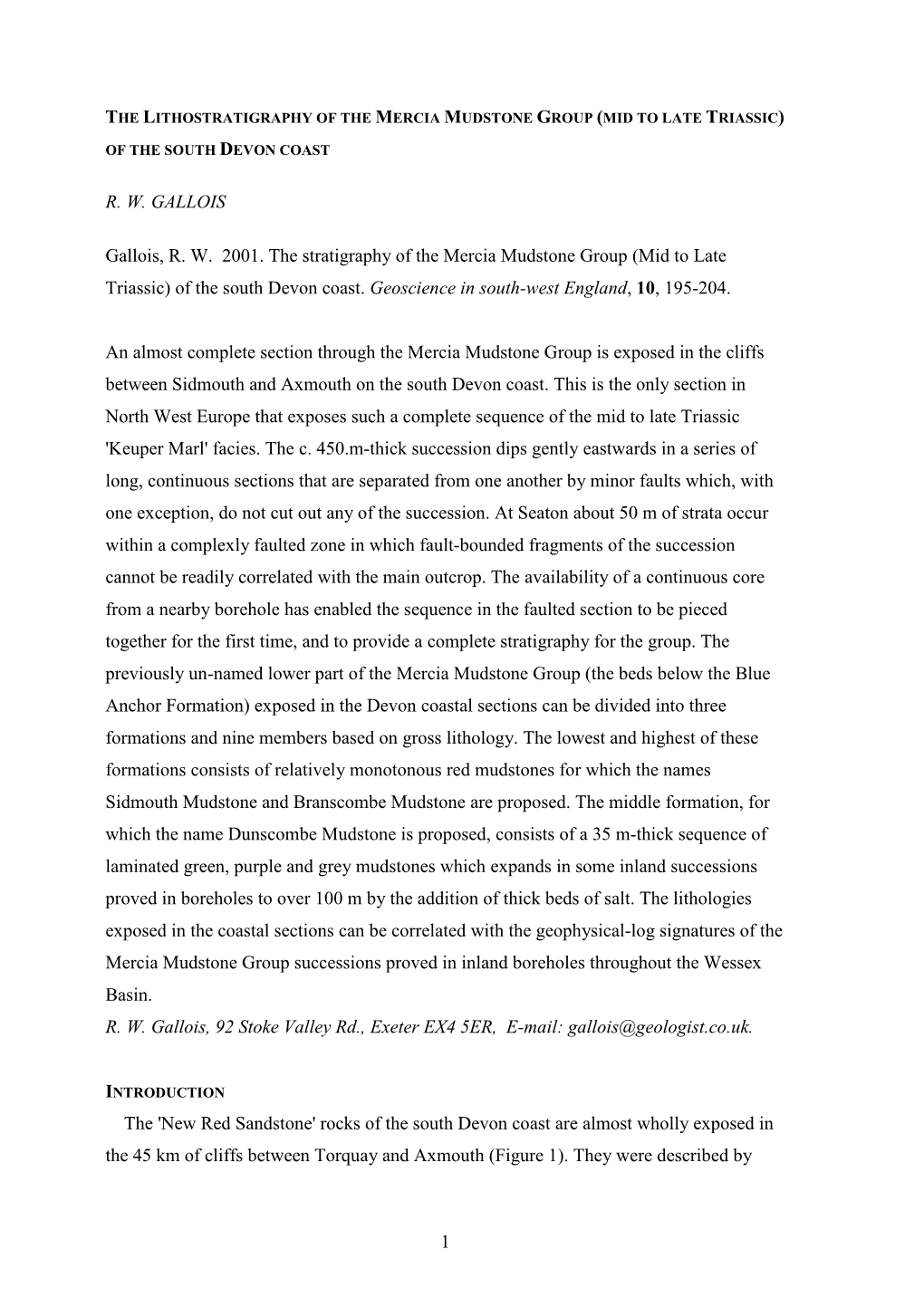 1 R. W. GALLOIS Gallois, R. W. 2001. the Stratigraphy of the Mercia