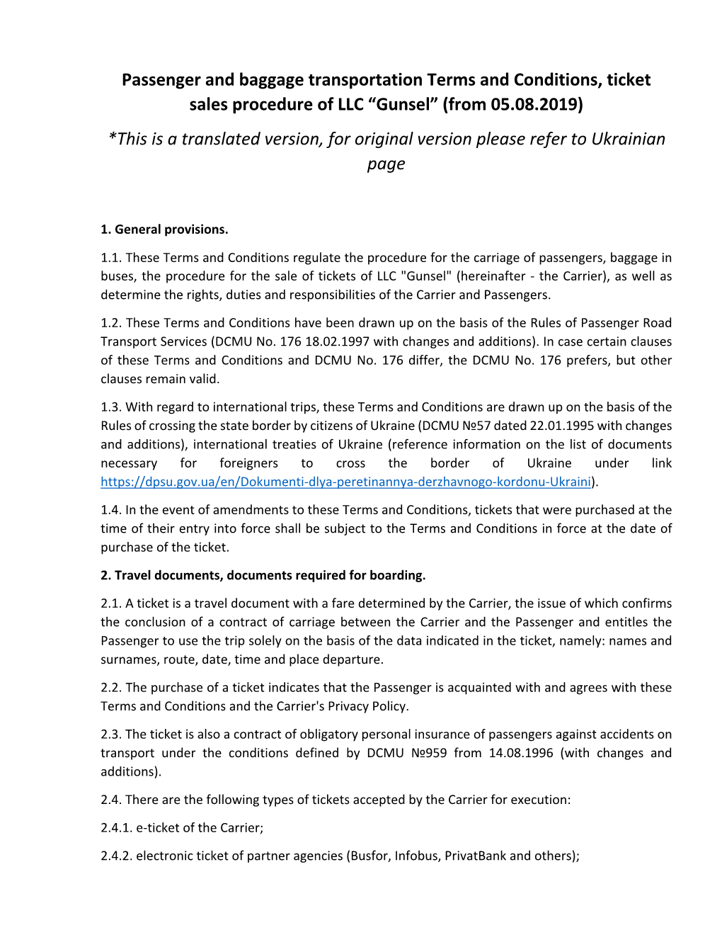 Passenger and Baggage Transportation Terms And