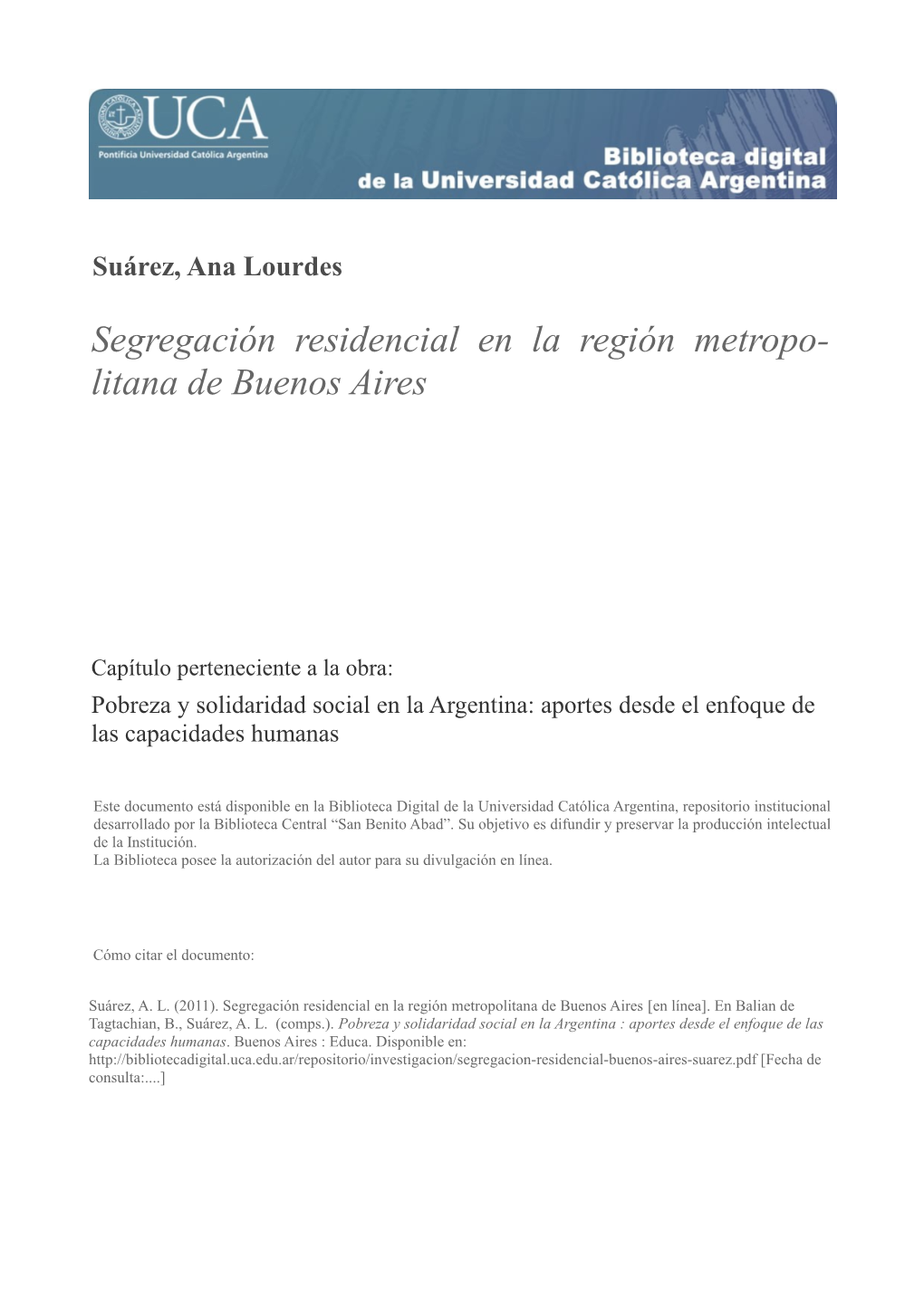 Segregación Residencial En La Región Metropolitana De Buenos Aires [En Línea]