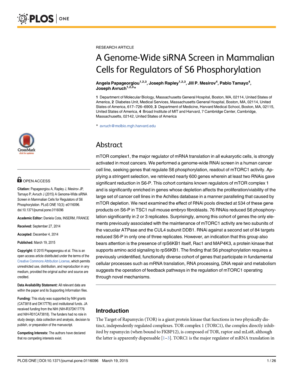 A Genome-Wide Sirna Screen in Mammalian Cells for Regulators of S6 Phosphorylation